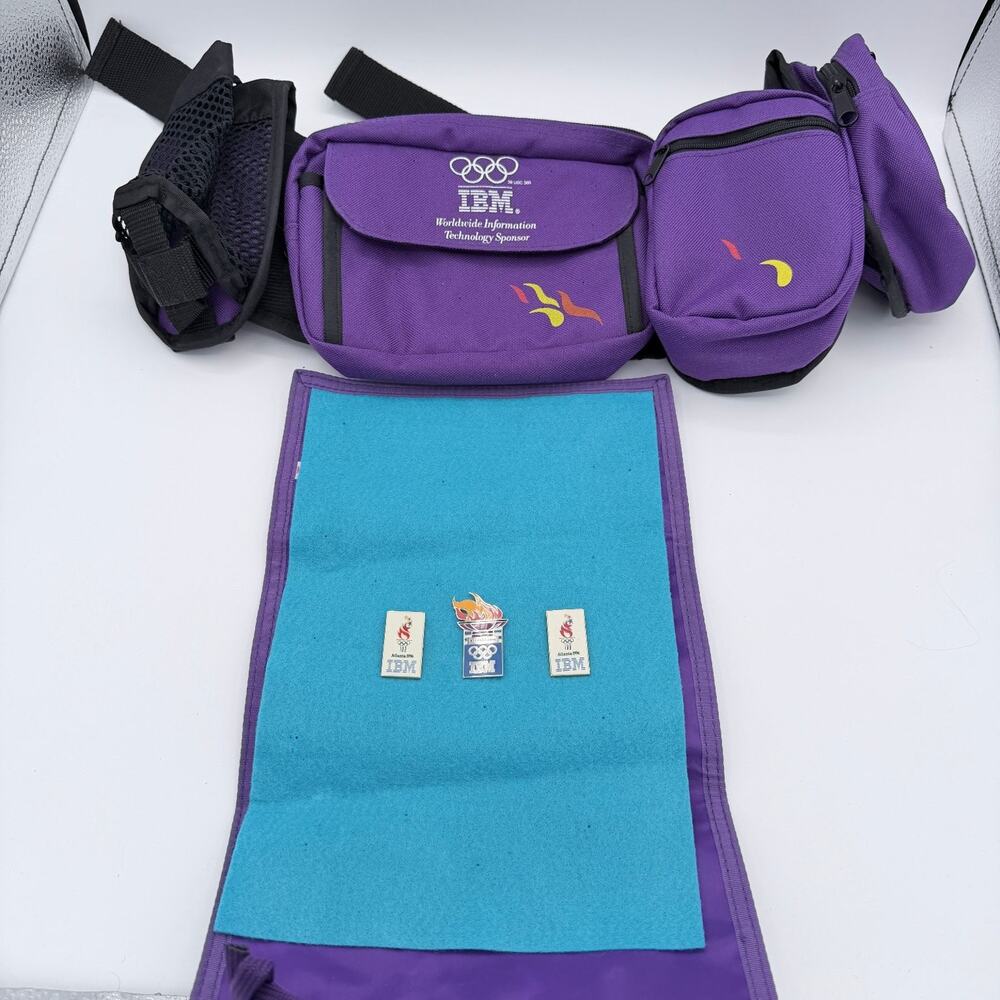 IBM 1996 Olympics Purple Fanny Pack Waist Bag 3 Collectable Enamel Lapel Pin VTG
